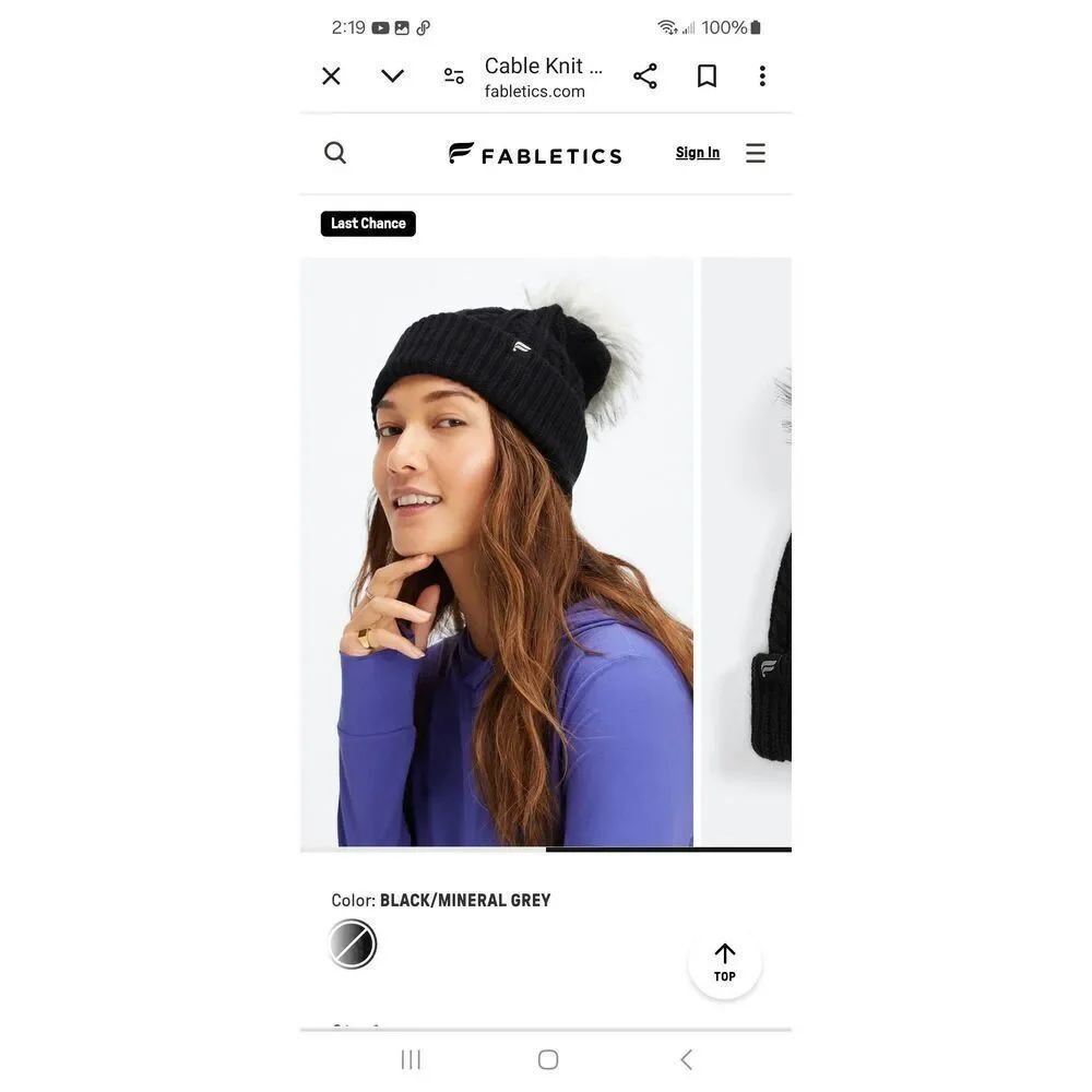 New Fabletics Black Mineral Grey Pom Beanie Hat Cable Knit Sweater Hat NWT